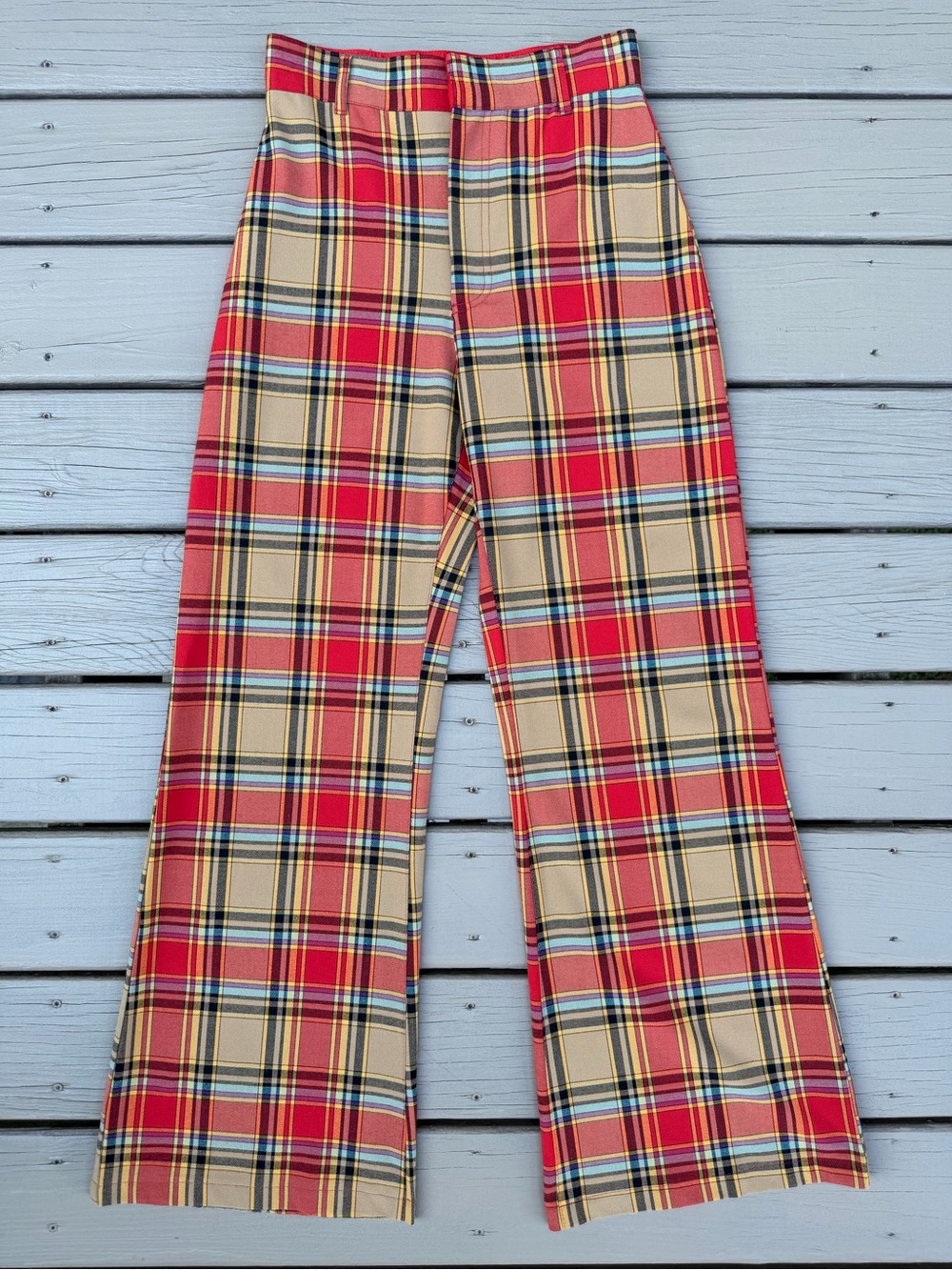 Free People Jules Red Multi Plaid High-Waisted Wide-Leg Pants - Picture 3 of 13